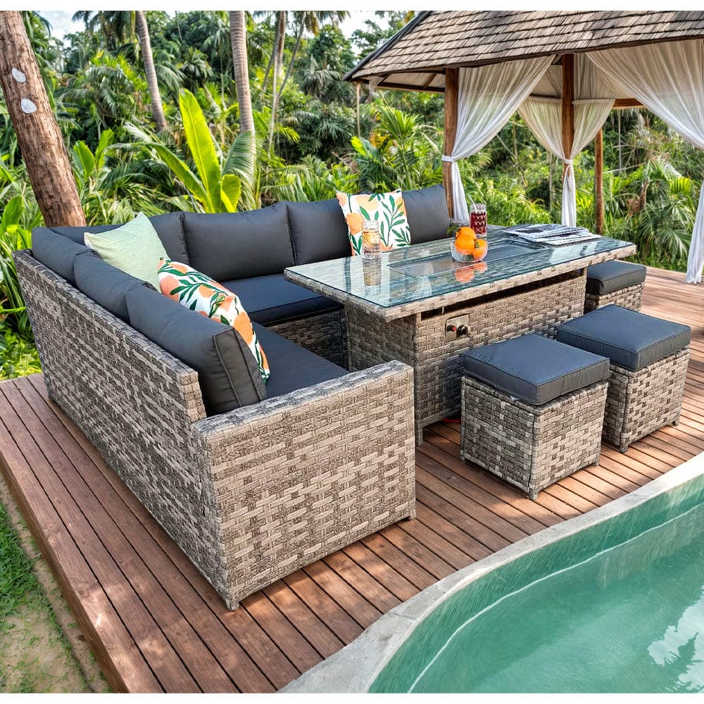 Barcelona Rattan Garden Furniture 9 Seater Corner Sofa Set with Fire pit Dining Table in Black Or Grey