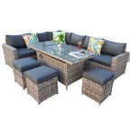 Barcelona Rattan Garden Furniture 9 Seater Corner Sofa Set with Fire pit Dining Table in Black Or Grey