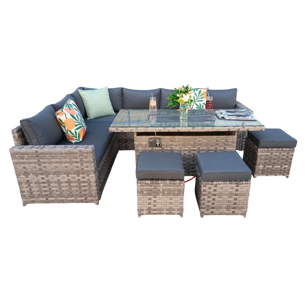 Barcelona Rattan Garden Furniture 9 Seater Corner Sofa Set with Fire pit Dining Table in Black Or Grey