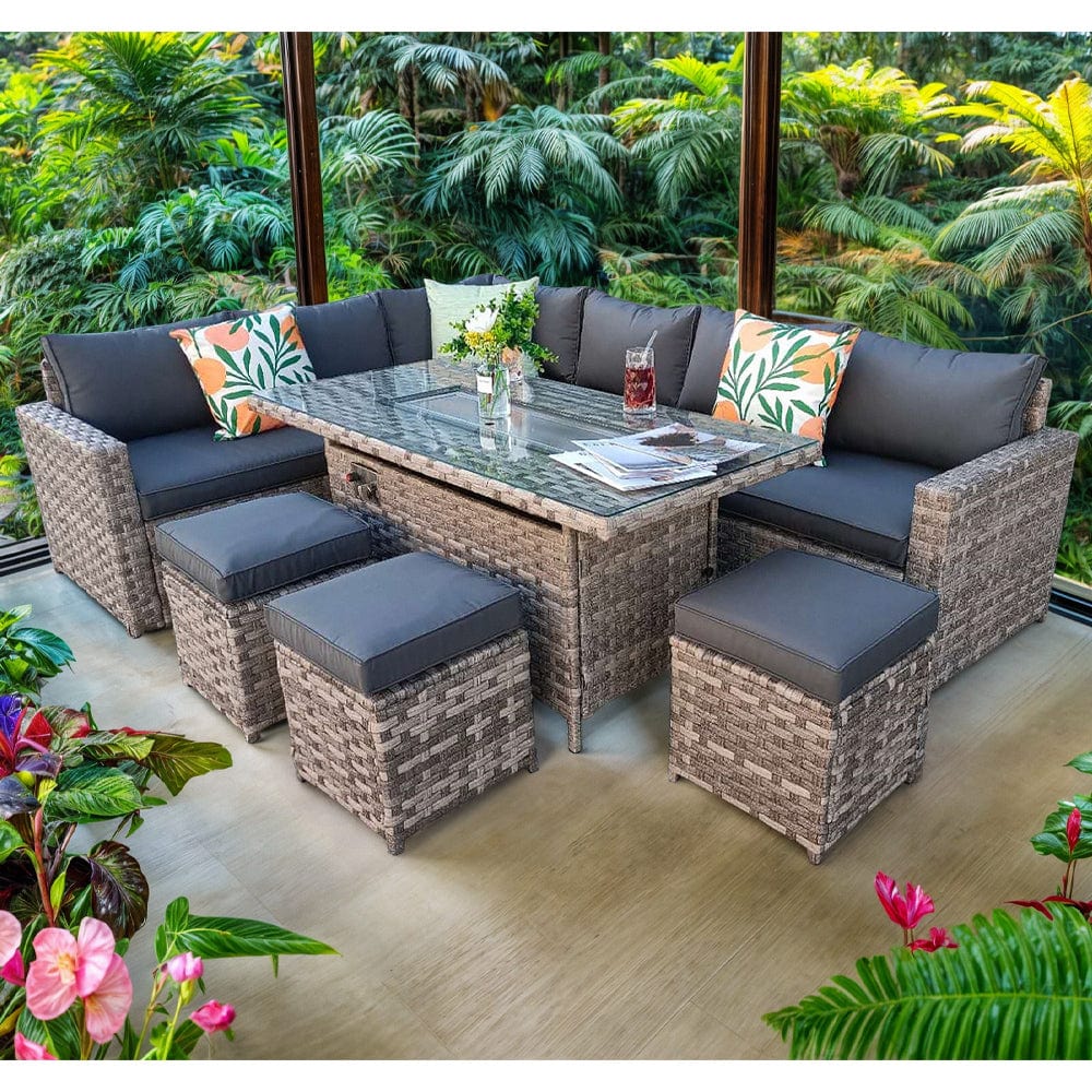 Barcelona Rattan Garden Furniture 9 Seater Corner Sofa Set with Fire pit Dining Table in Black Or Grey