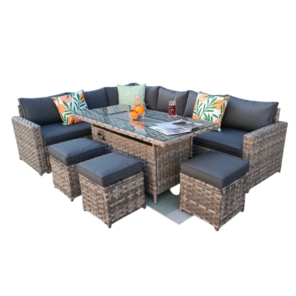 Barcelona Rattan Garden Furniture 9 Seater Corner Sofa Set with Fire pit Dining Table in Black Or Grey