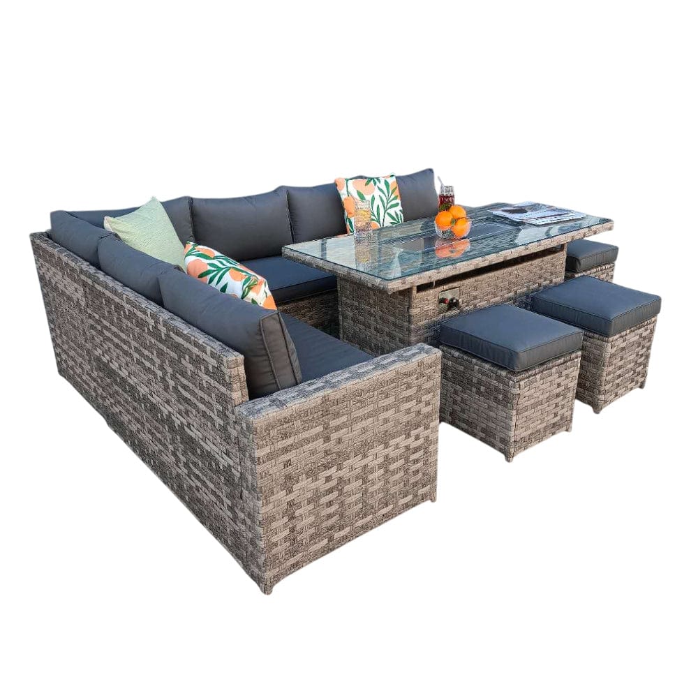 Barcelona Rattan Garden Furniture 9 Seater Corner Sofa Set with Fire pit Dining Table in Black Or Grey
