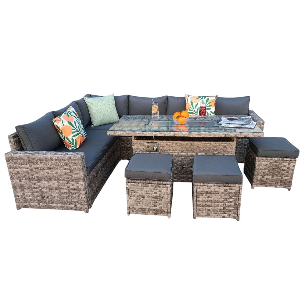 Barcelona Rattan Garden Furniture 9 Seater Corner Sofa Set with Fire pit Dining Table in Black Or Grey