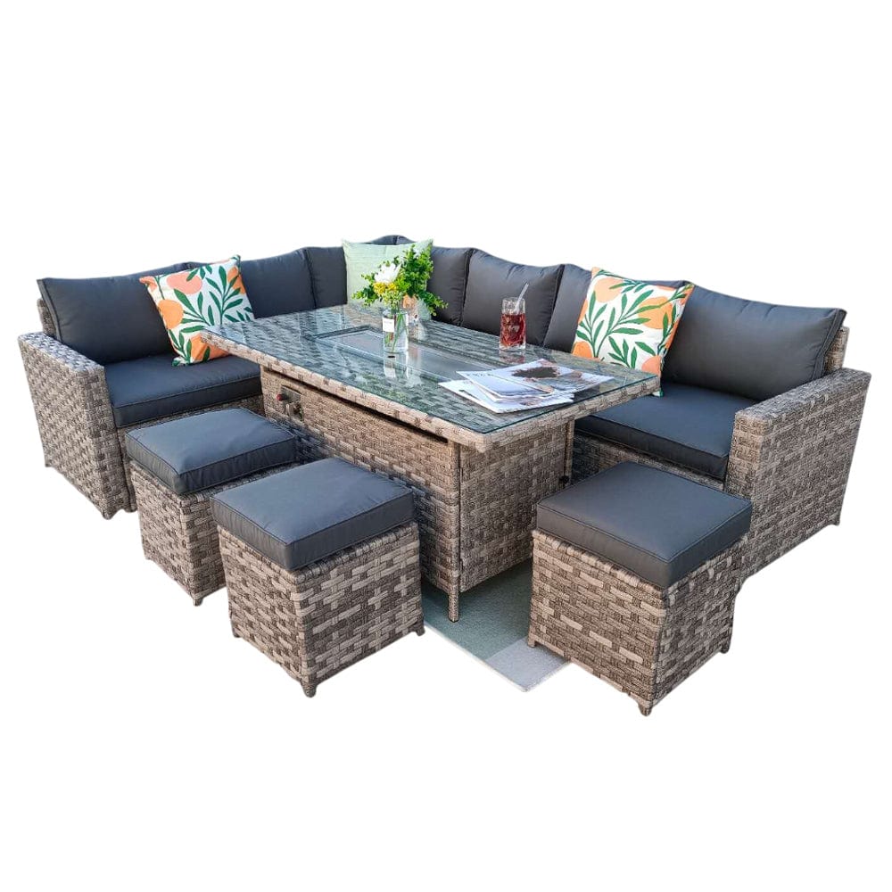 Barcelona Rattan Garden Furniture 9 Seater Corner Sofa Set with Fire pit Dining Table in Black Or Grey
