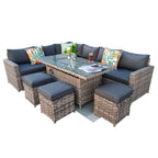 Barcelona Rattan Garden Furniture 9 Seater Corner Sofa Set with Fire pit Dining Table in Black Or Grey
