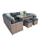 Barcelona Rattan Garden Furniture 9 Seater Corner Sofa Set with Fire pit Dining Table in Black Or Grey