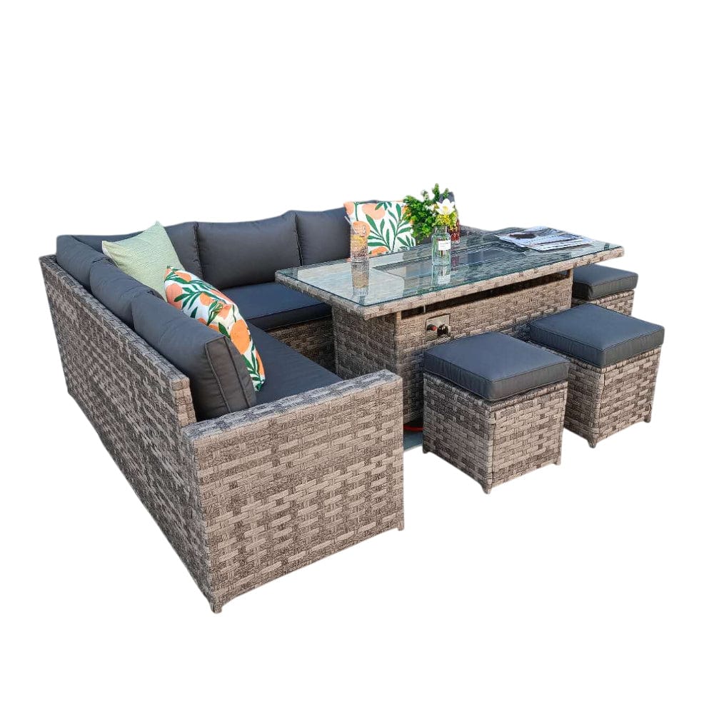 Barcelona Rattan Garden Furniture 9 Seater Corner Sofa Set with Fire pit Dining Table in Black Or Grey