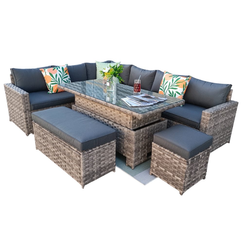 Monaco 9 Seater Rattan Garden Corner Sofa Dining Set with Rising Table
