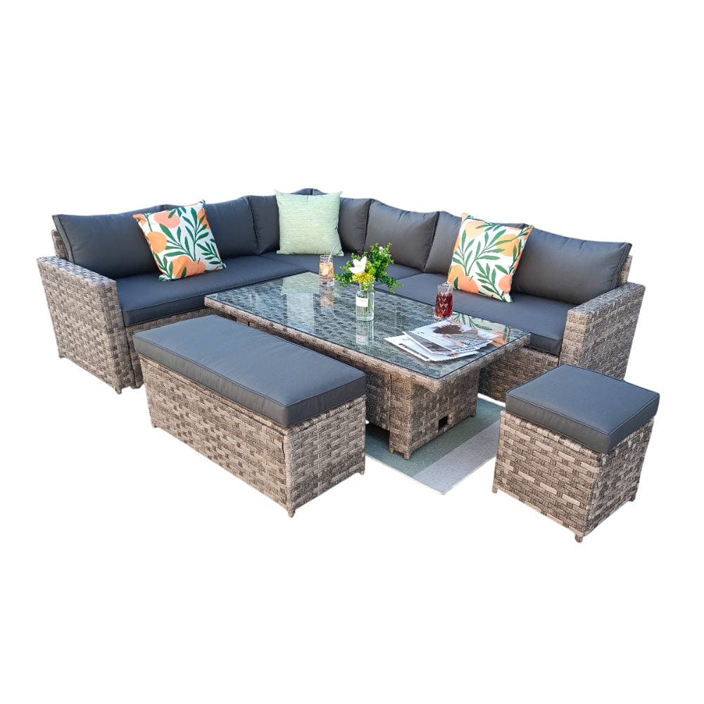 Monaco 9 Seater Rattan Garden Corner Sofa Dining Set with Rising Table