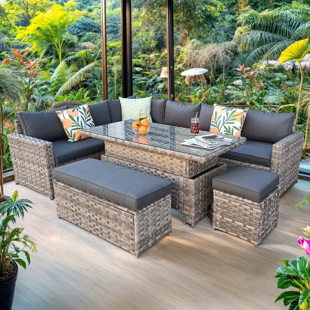 Monaco 9 Seater Rattan Garden Corner Sofa Dining Set with Rising Table