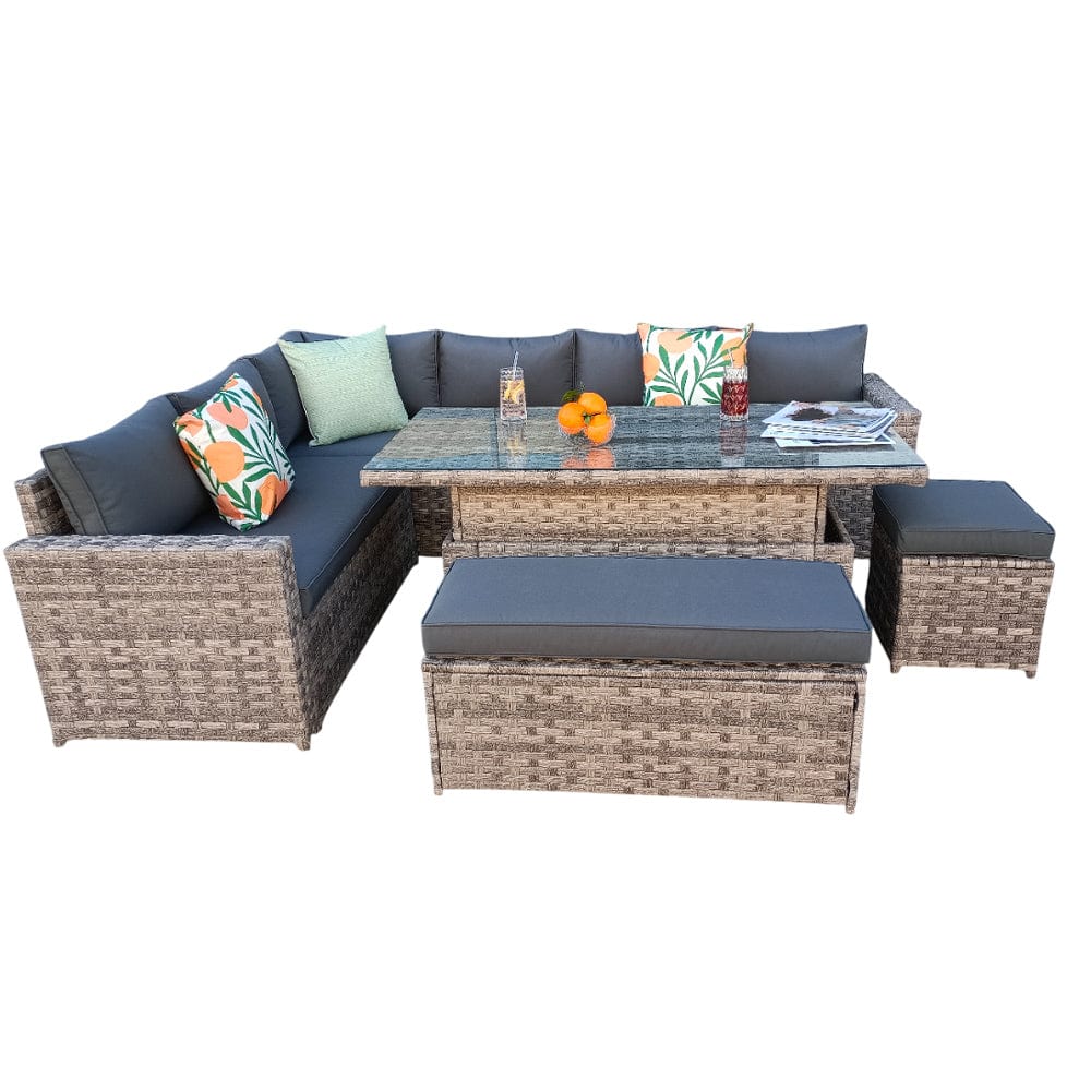 Monaco 9 Seater Rattan Garden Corner Sofa Dining Set with Rising Table