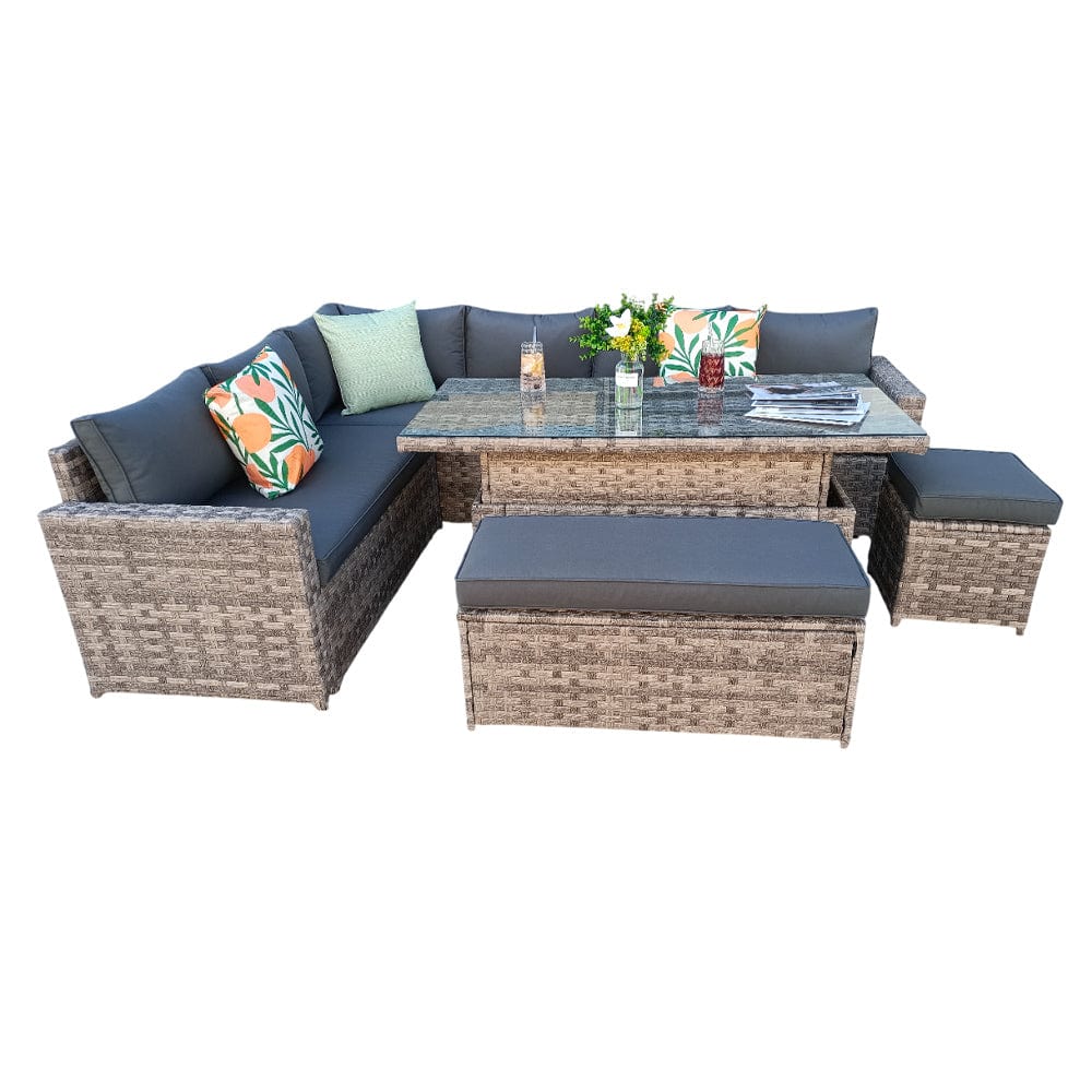 Monaco 9 Seater Rattan Garden Corner Sofa Dining Set with Rising Table