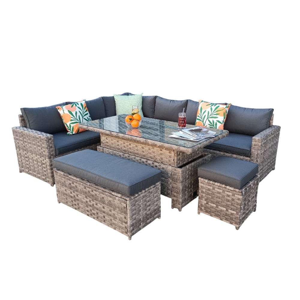 Monaco 9 Seater Rattan Garden Corner Sofa Dining Set with Rising Table