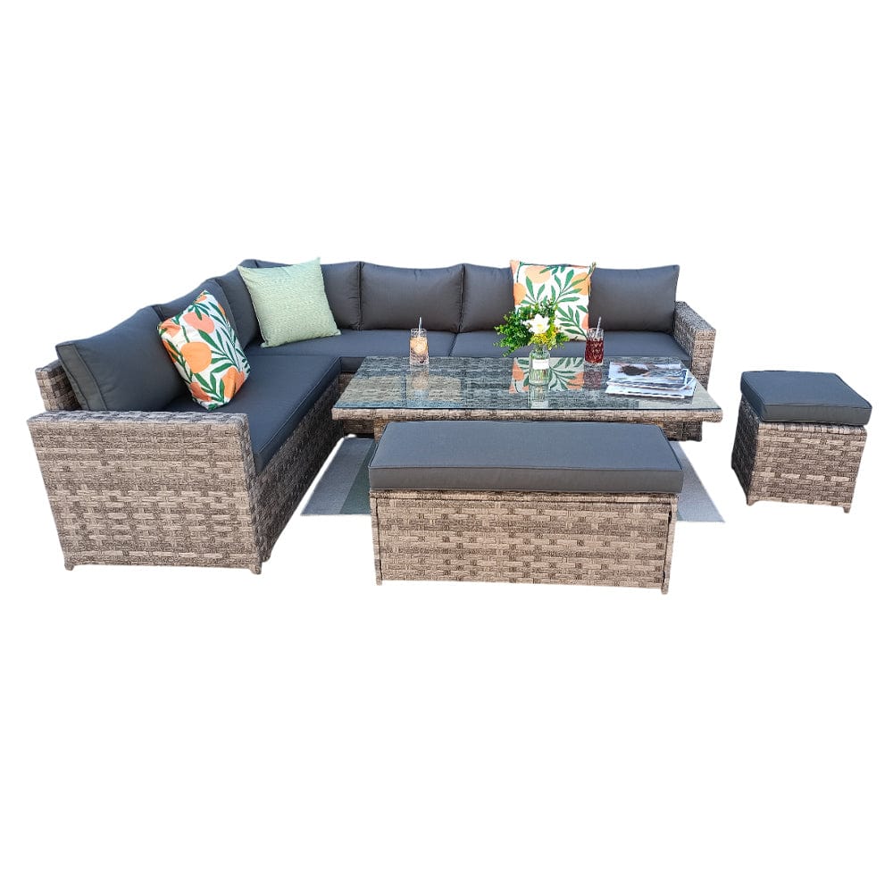 Monaco 9 Seater Rattan Garden Corner Sofa Dining Set with Rising Table