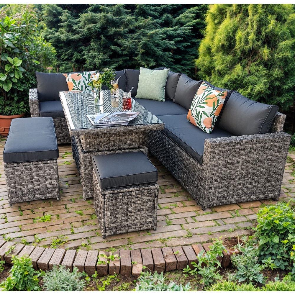 Monaco 9 Seater Rattan Garden Corner Sofa Dining Set with Rising Table