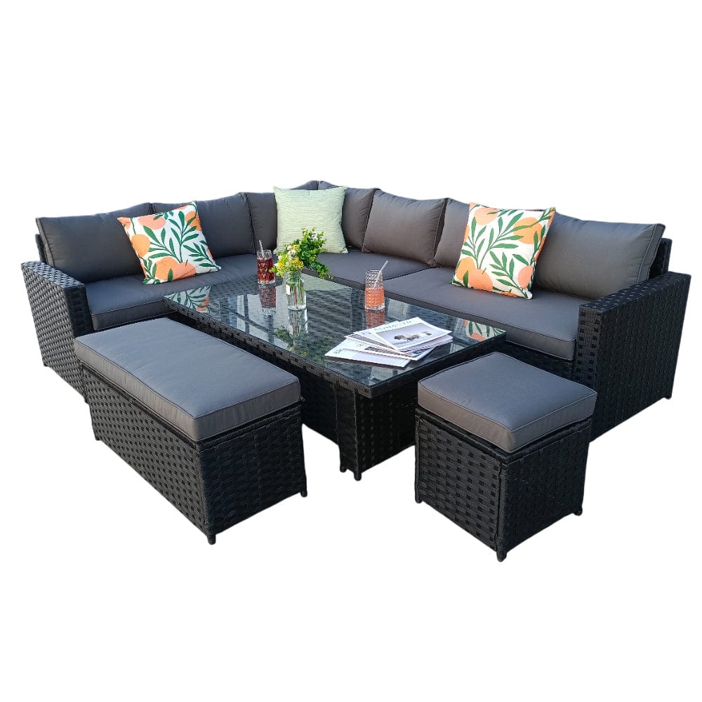 Barcelona 9 Seater Rattan Garden Dining Set with Rising Table In Black