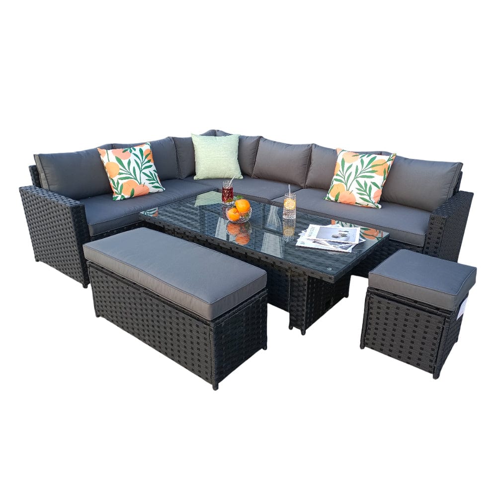 Barcelona 9 Seater Rattan Garden Dining Set with Rising Table In Black