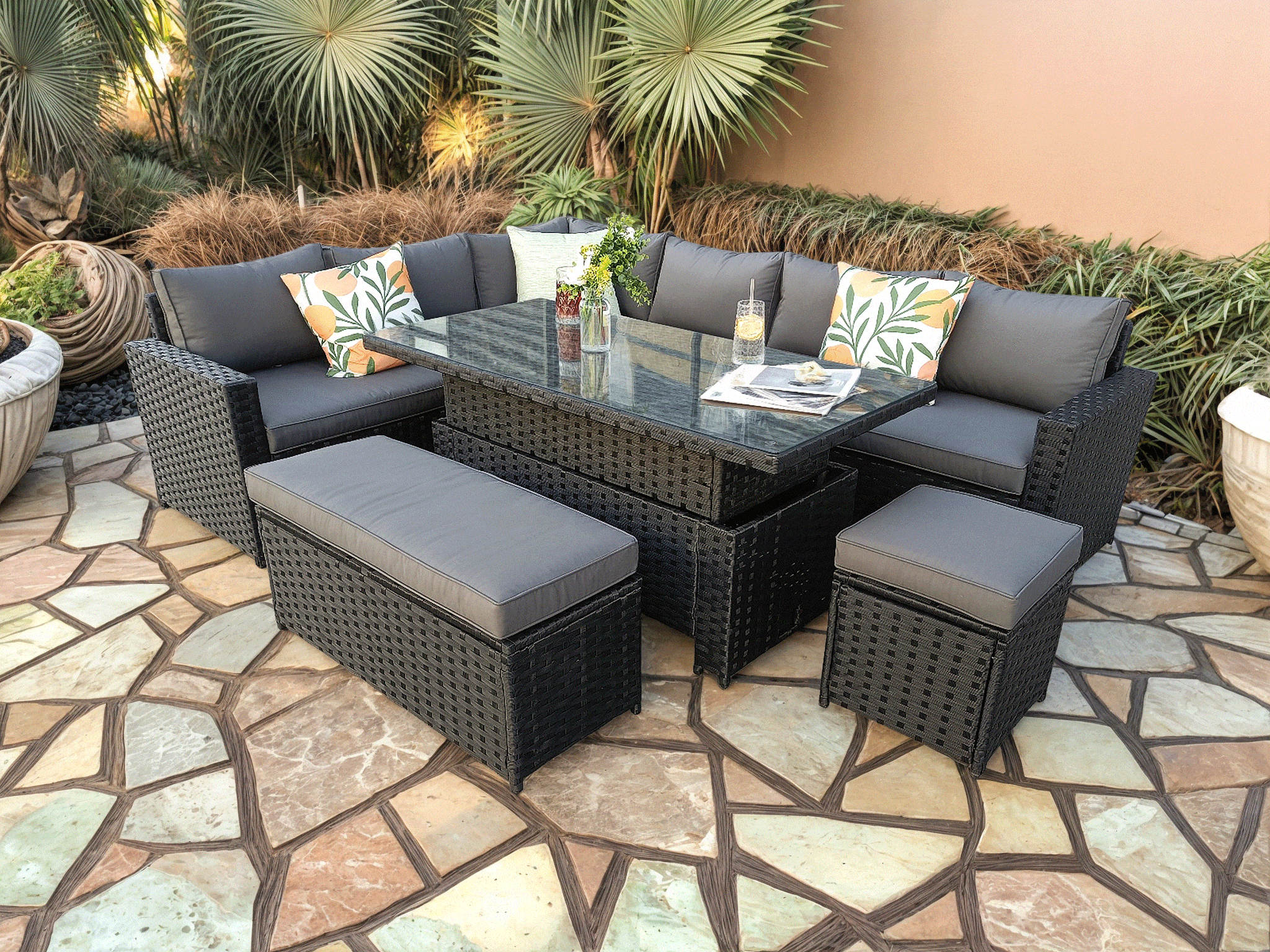 Barcelona 9 Seater Rattan Garden Dining Set with Rising Table In Black
