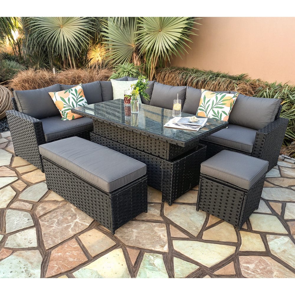 Monaco 9 Seater Rattan Garden Corner Sofa Dining Set with Rising Table