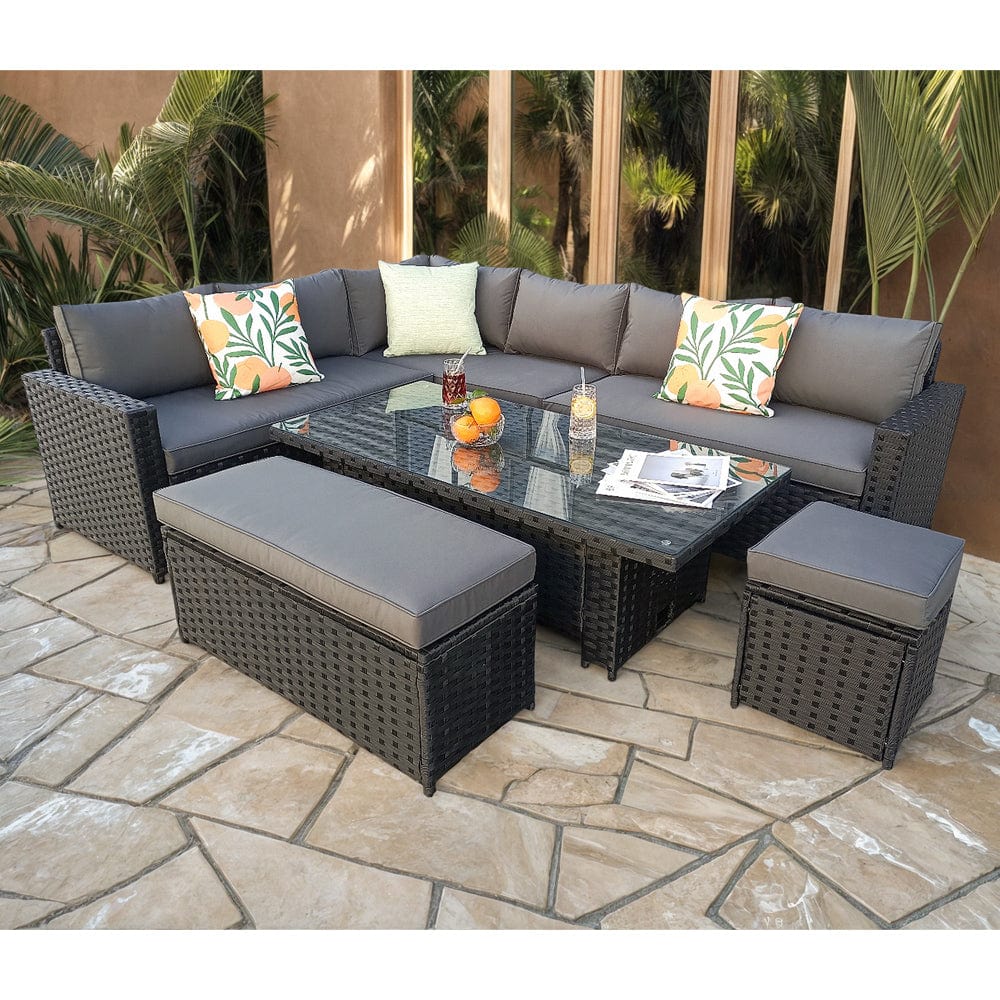 Monaco 9 Seater Rattan Garden Corner Sofa Dining Set with Rising Table