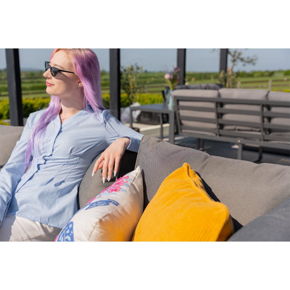 Berlin Large 9 seater Outdoor Fabric and Aluminium Corner Casual Dining Set with Firepit Table