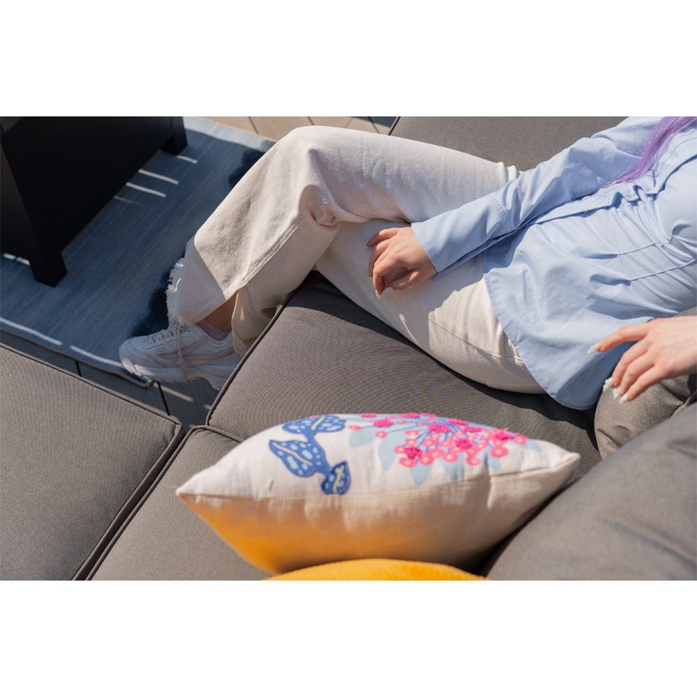 Berlin Large 9 seater Outdoor Fabric and Aluminium Corner Casual Dining Set with Firepit Table