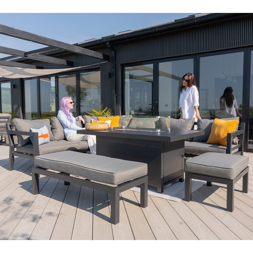 Berlin Large 9 seater Outdoor Fabric and Aluminium Corner Casual Dining Set with Firepit Table