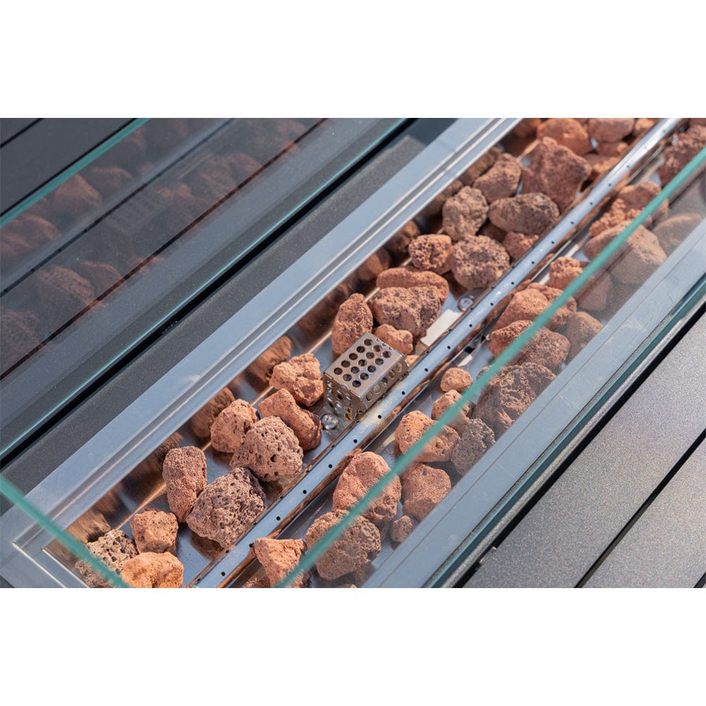 Berlin Large 9 seater Outdoor Fabric and Aluminium Corner Casual Dining Set with Firepit Table