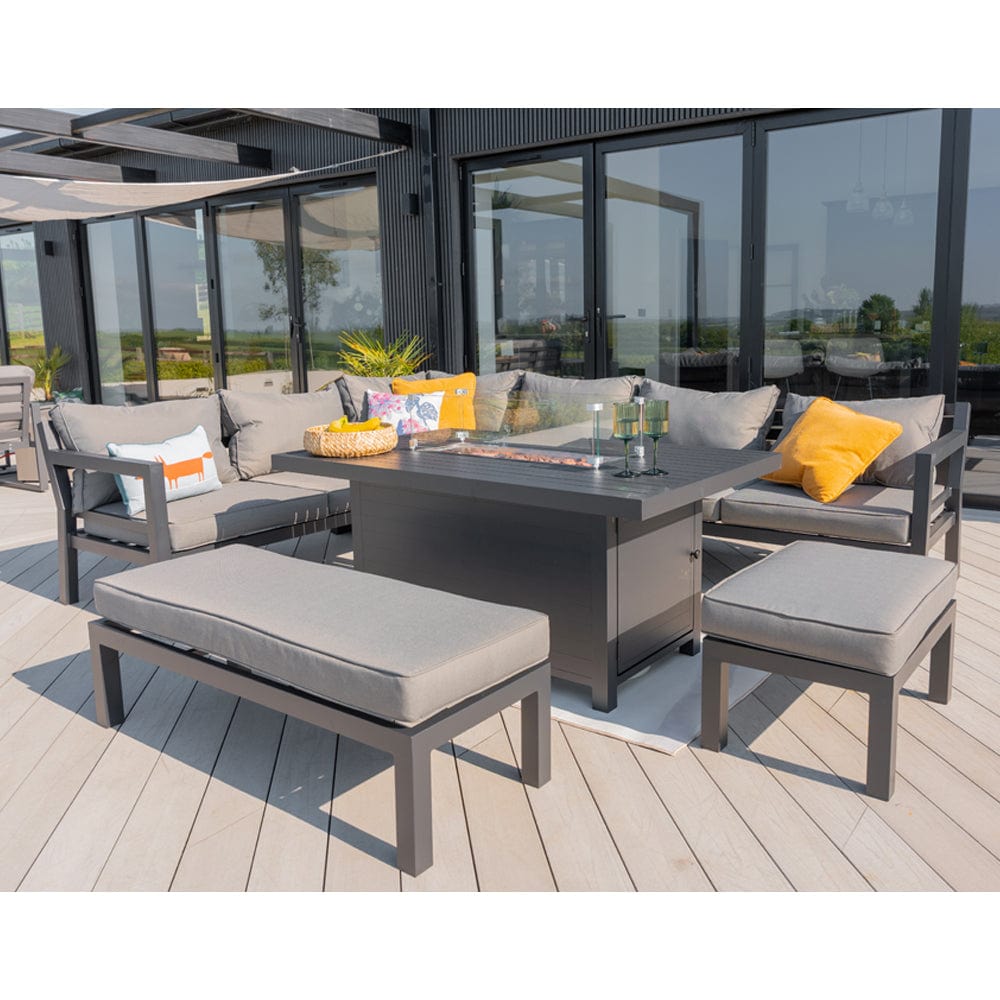 Berlin Large 9 seater Outdoor Fabric and Aluminium Corner Casual Dining Set with Firepit Table