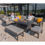 Berlin Large 9 seater Outdoor Fabric and Aluminium Corner Casual Dining Set with Firepit Table
