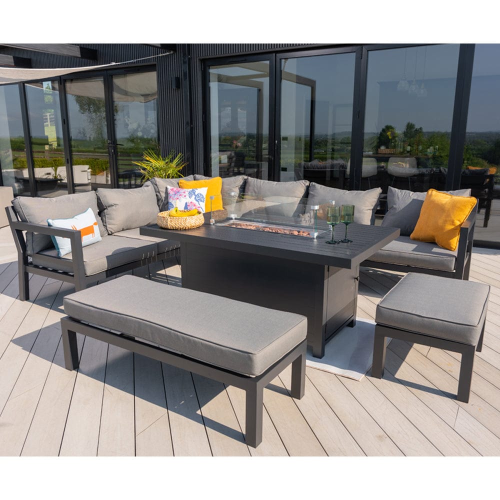 Berlin Large 9 seater Outdoor Fabric and Aluminium Corner Casual Dining Set with Firepit Table