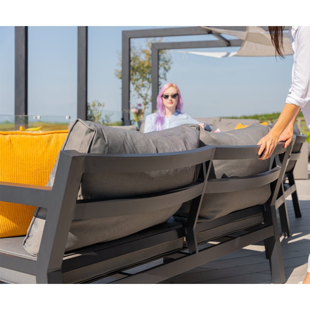 Berlin Large 9 seater Outdoor Fabric and Aluminium Corner Casual Dining Set with Firepit Table