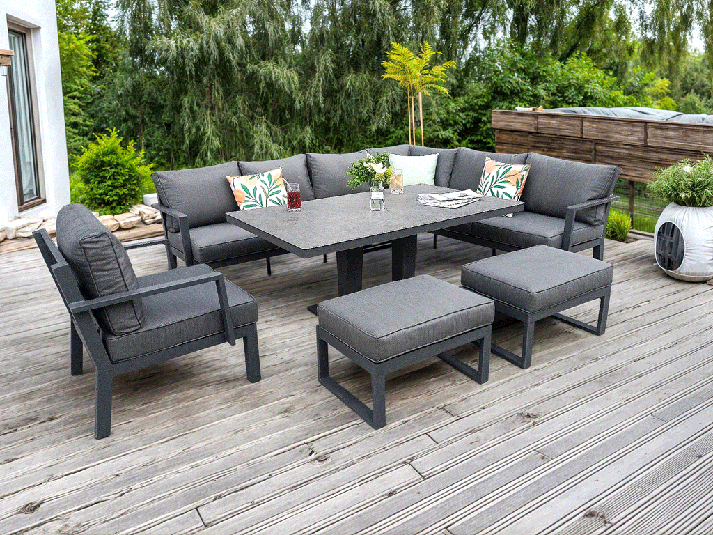 Berlin Outdoor Garden Aluminium 9 Seater Corner Sofa Rising Table Set with Armchair and Stool
