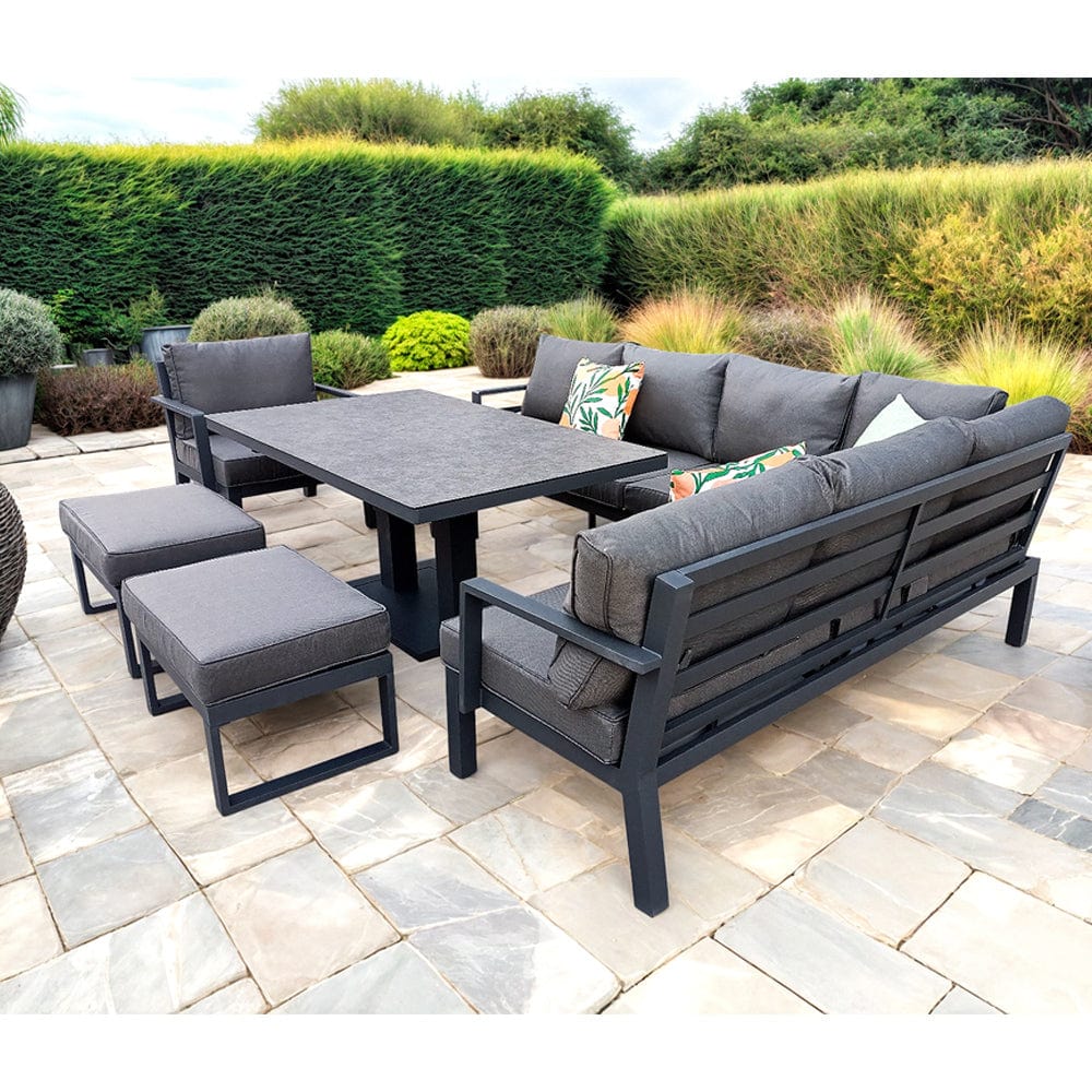 Berlin Outdoor Garden Aluminium 9 Seater Corner Sofa Rising Table Set with Armchair and Stool