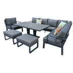 Berlin Outdoor Garden Aluminium 9 Seater Corner Sofa Rising Table Set with Armchair and Stool