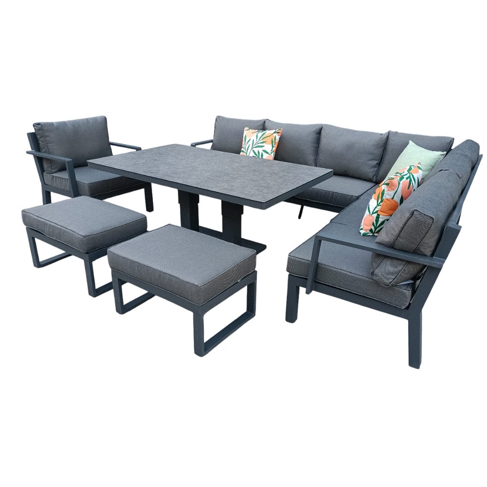 Berlin Outdoor Garden Aluminium 9 Seater Corner Sofa Rising Table Set with Armchair and Stool
