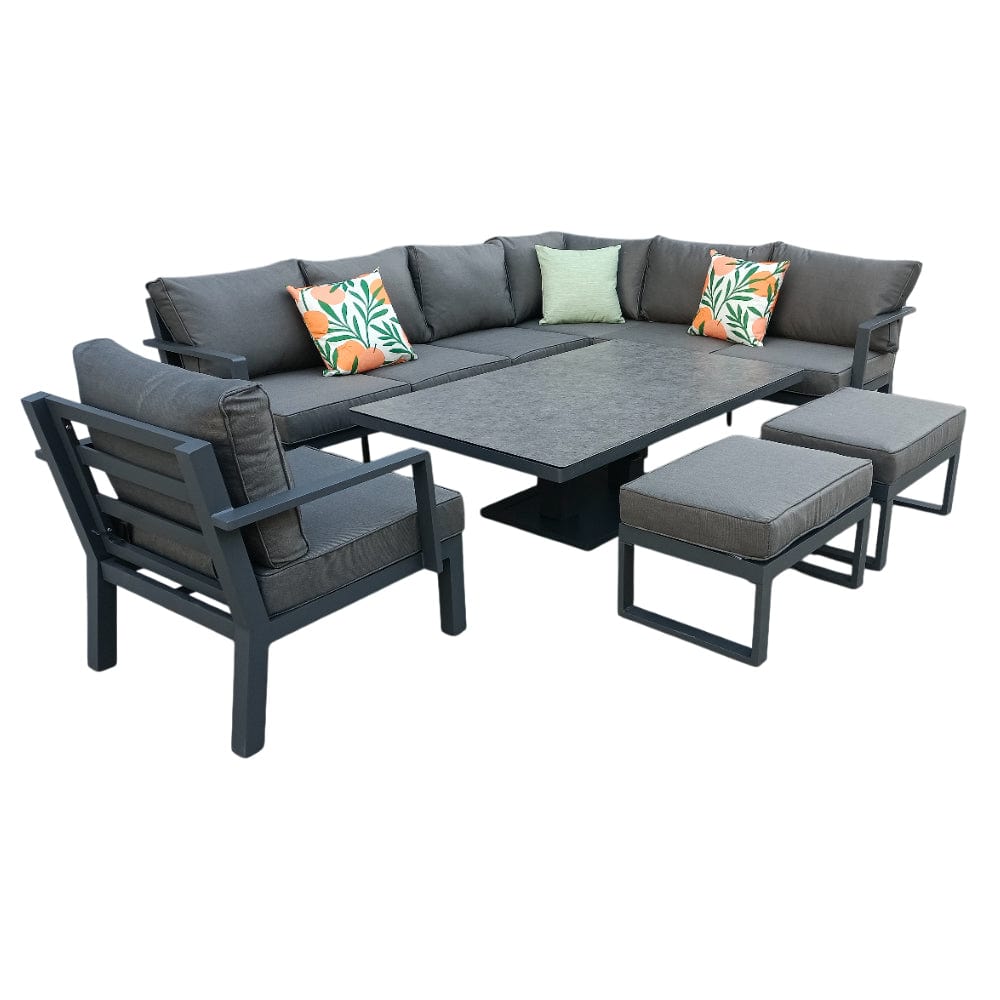 Berlin Outdoor Garden Aluminium 9 Seater Corner Sofa Rising Table Set with Armchair and Stool