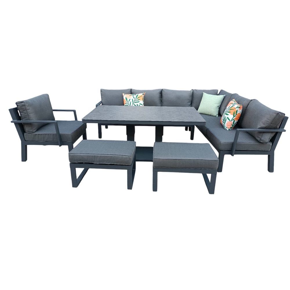 Berlin Outdoor Garden Aluminium 9 Seater Corner Sofa Rising Table Set with Armchair and Stool