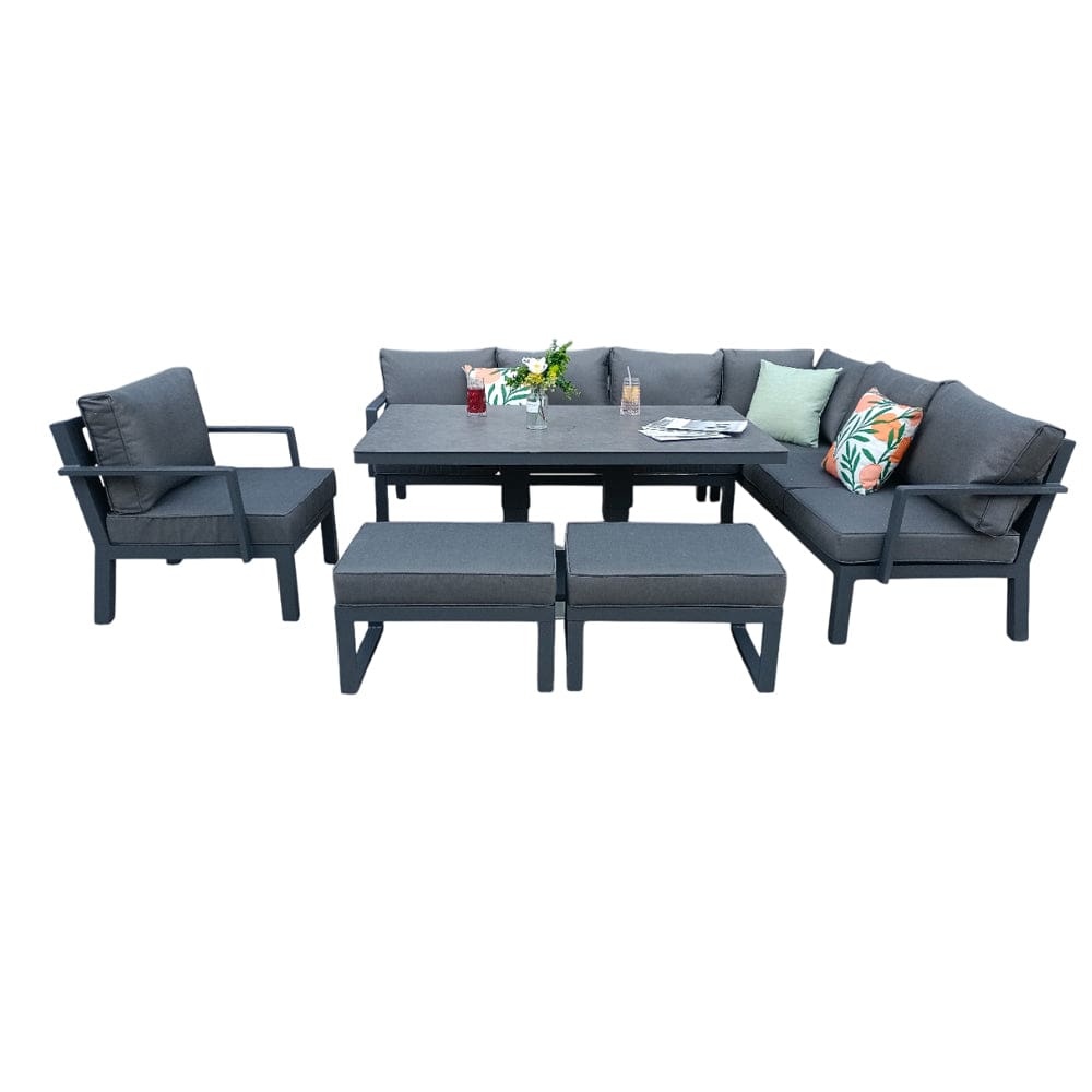 Berlin Outdoor Garden Aluminium 9 Seater Corner Sofa Rising Table Set with Armchair and Stool