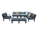 Berlin Outdoor Garden Aluminium 9 Seater Corner Sofa Rising Table Set with Armchair and Stool