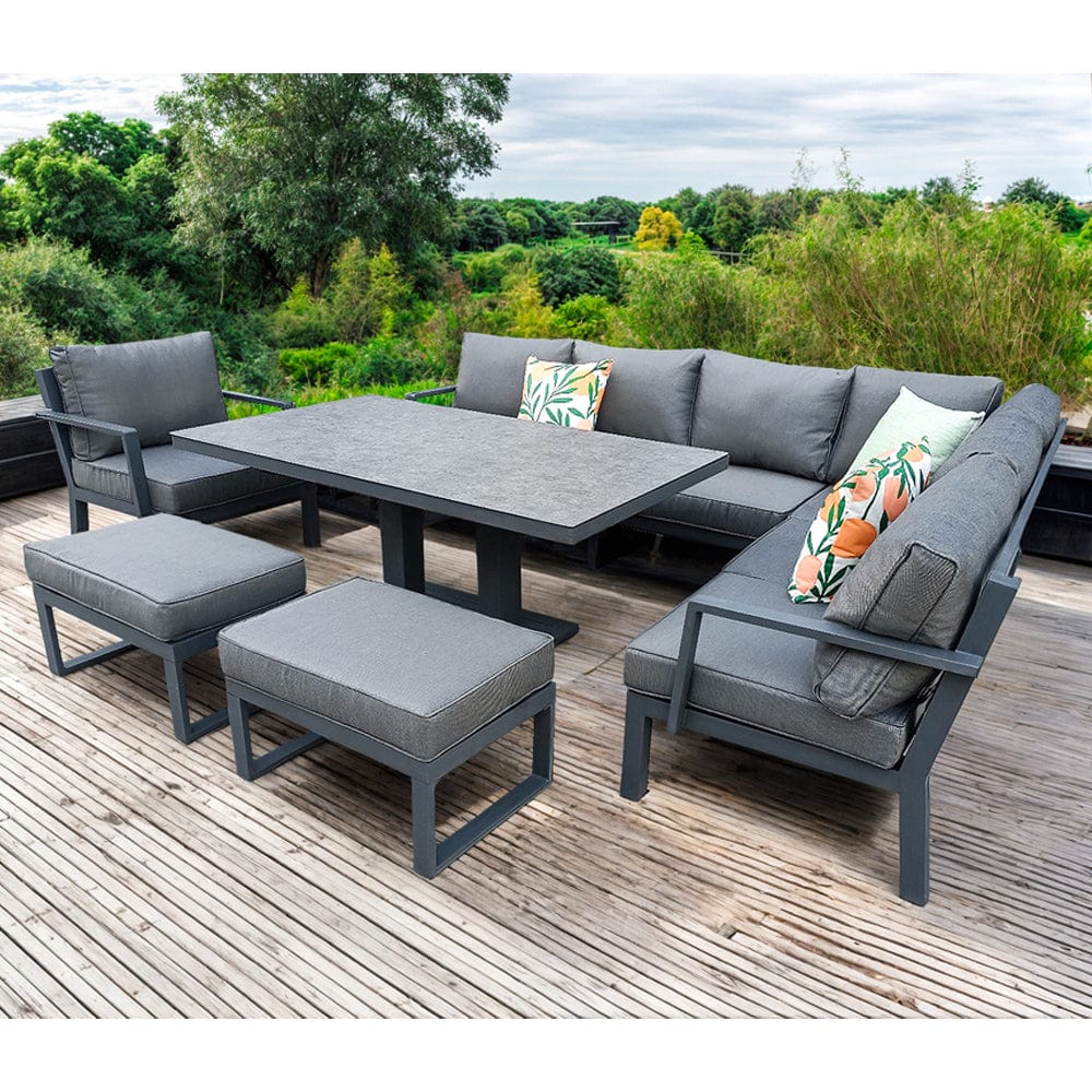 Berlin Outdoor Garden Aluminium 9 Seater Corner Sofa Rising Table Set with Armchair and Stool