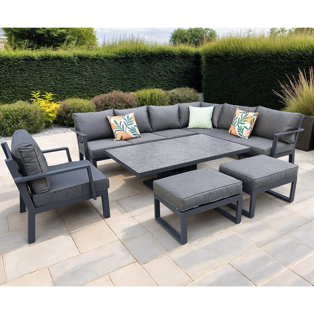 Berlin Outdoor Garden Aluminium 9 Seater Corner Sofa Rising Table Set with Armchair and Stool