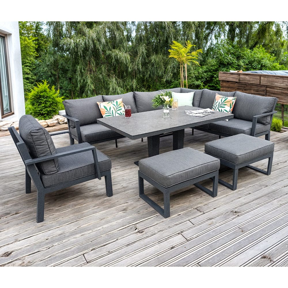 Berlin Outdoor Garden Aluminium 9 Seater Corner Sofa Rising Table Set with Armchair and Stool