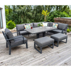Berlin Outdoor Garden Aluminium 9 Seater Corner Sofa Rising Table Set with Armchair and Stool