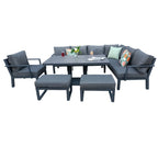 Berlin Outdoor Garden Aluminium 9 Seater Corner Sofa Rising Table Set with Armchair and Stool