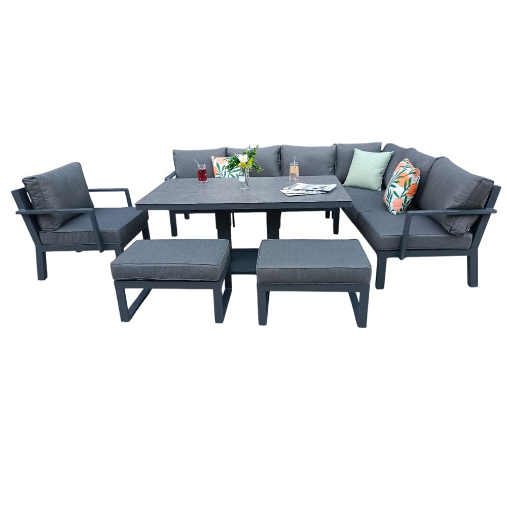 Berlin Outdoor Garden Aluminium 9 Seater Corner Sofa Rising Table Set with Armchair and Stool
