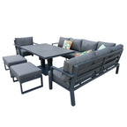 Berlin Outdoor Garden Aluminium 9 Seater Corner Sofa Rising Table Set with Armchair and Stool