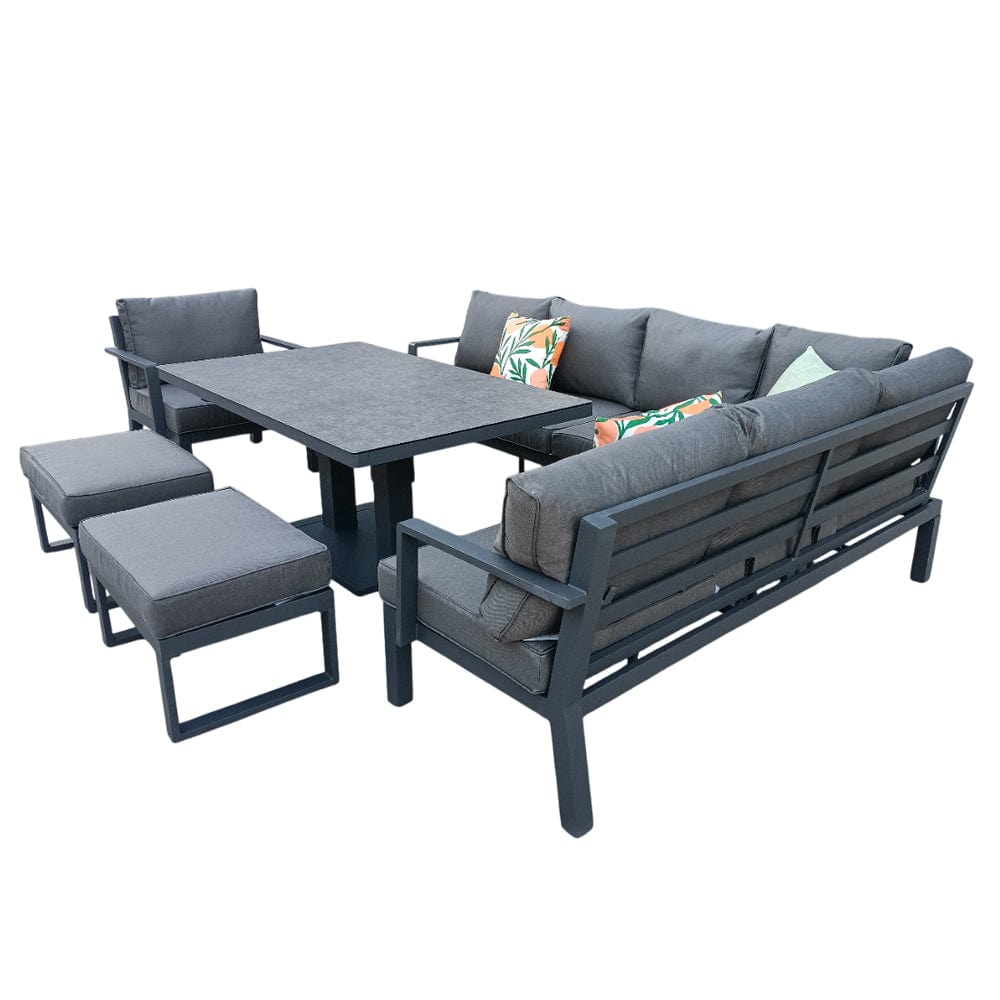 Berlin Outdoor Garden Aluminium 9 Seater Corner Sofa Rising Table Set with Armchair and Stool