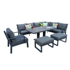 Berlin Outdoor Garden Aluminium 9 Seater Corner Sofa Rising Table Set with Armchair and Stool
