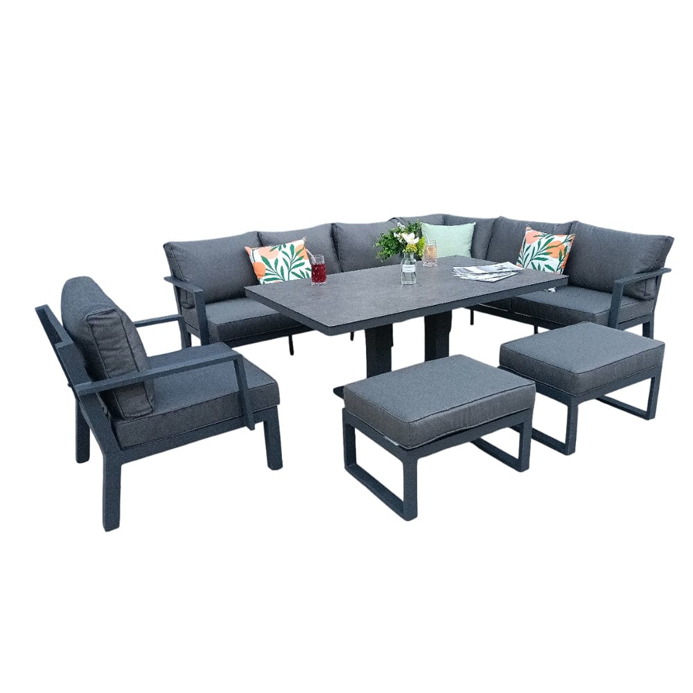 Berlin Outdoor Garden Aluminium 9 Seater Corner Sofa Rising Table Set with Armchair and Stool